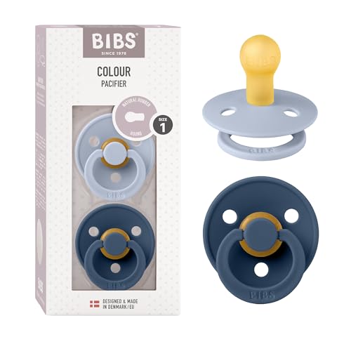 BIBS Pacifiers Colour Collection | Natural Rubber Baby Pacifier | Set of 2 BPA-Free Soothers | Made in Denmark | 0+ Months (Pack of 2) | Dusty Blue/Steel Blue