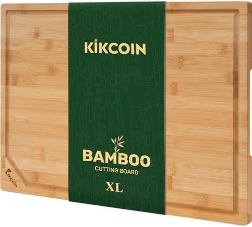 Bamboo Cutting Boards for Kitchen, Extra Large Wood Cutting Board with Deep Juice Groove and Handle Heavy Duty Chopping board, Kikcoin, 17.6" x 12"