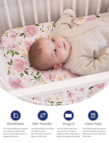 Graco Pack and Play Sheets Fitted, TotAha Buttery Soft Mini Crib Sheets Girl, Floral Pack N Play Mattress Sheets Hypoallergenic, Premium Jersey Playrad Sheets, Meredith Allover & Pale Pink, 2 Pack