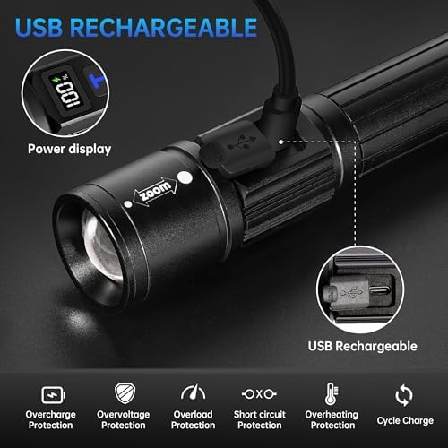 Rechargeable Flashlights 2 Pack, Super Bright High Lumens Flash Light, 5 Modes Zoomable Linternas with LCD Digital Display, Powerful Handheld LED Flashlights for Emergencies Camping