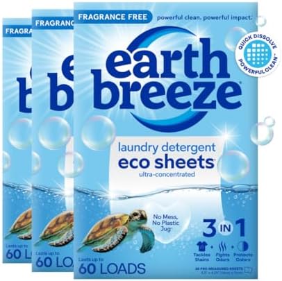 Earth Breeze Laundry Detergent Sheets Fragrance-Free - 180 Loads Eco Liquidless Soap - Travel-Friendly for Hot & Cold Cycles, Tackles Tough Stains & Odors - Gentle on Sensitive Skin, 90 Ct (3 Pack)