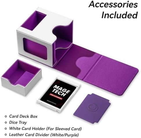 Card Deck Box for MTG Commander - Patented Design, Commander Display, Fits 100 Double-Sleeved Cards, 35pt Card Brick & Dice Tray - White/Purple