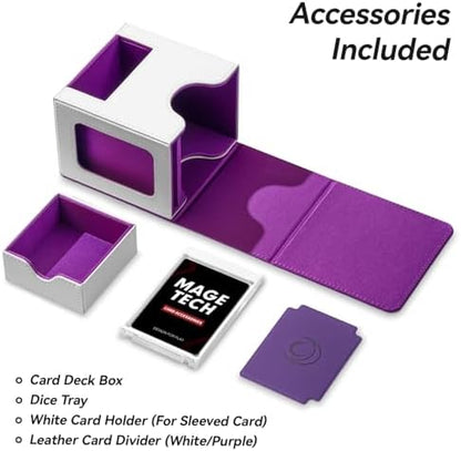 Card Deck Box for MTG Commander - Patented Design, Commander Display, Fits 100 Double-Sleeved Cards, 35pt Card Brick & Dice Tray - White/Purple