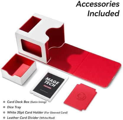 Card Deck Box for MTG Commander - Patented Design, Commander Display, Fits 100 Double-Sleeved Cards, 35pt Card Brick & Dice Tray - White/Red