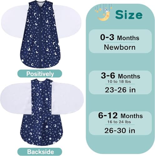 Newborn Sleep Sack Baby Swaddle,3-6 Months,3-Way Adjustable Wearable Blanket,100% Rayon Cotton Swaddling Sleeping Bag，TOG 0.5（Clouds&Starry Sky）