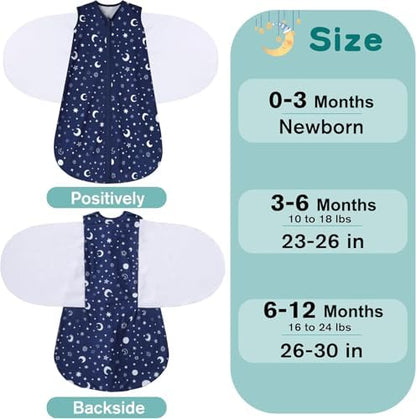 Newborn Sleep Sack Baby Swaddle,3-6 Months,3-Way Adjustable Wearable Blanket,100% Rayon Cotton Swaddling Sleeping Bag，TOG 0.5（Clouds&Starry Sky）