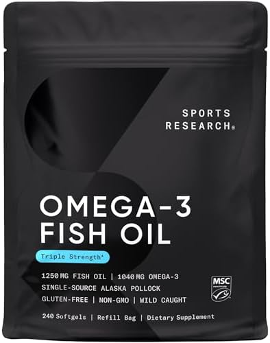 Sports Research Triple Strength Omega 3 Fish Oil - Burpless Fish Oil Supplement w/EPA & DHA Fatty Acids from Wild Alaskan Pollock - Heart, Brain & Immune Support for Men & Women - 1250 mg, 240 ct