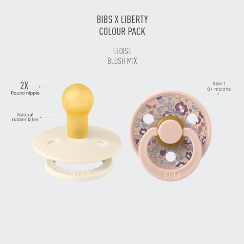 BIBS Colour Liberty Soother 2-Pack, BPA Free Dummy Pacifier, Round Nipple. Natural Rubber Latex, Made in Denmark, Size 1 (0-6 Months), Eloise Blush