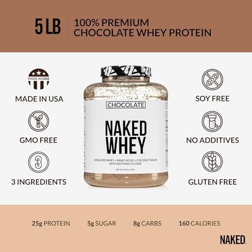 NAKED Whey Protein Supplement Powder, Chocolate, GMO Free, Soy Free, Gluten Free Aid Muscle Growth and Recovery 60 Servings, 5 Ib