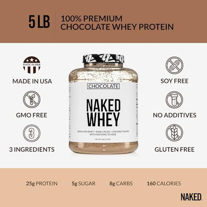 NAKED Whey Protein Supplement Powder, Chocolate, GMO Free, Soy Free, Gluten Free Aid Muscle Growth and Recovery 60 Servings, 5 Ib
