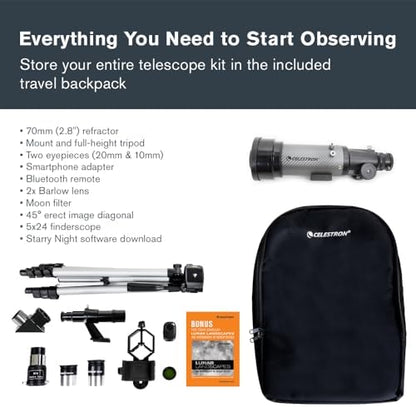 Celestron Travel Scope 70DX Portable Refractor Telescope – 70mm Aperture, Fully-Coated Glass Optics – Includes Bonus Phone Adapter, Backpack & More – Ideal for Beginners & Travel