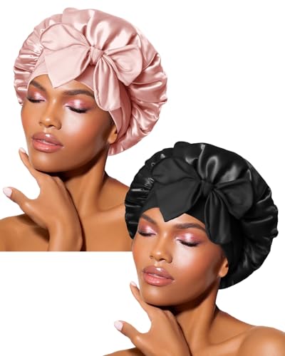 BONNET QUEEN Silk Bonnet for Sleeping Women Satin Bonnet Night Sleep Cap Wrap for Curly Hair with Adjustable Tie Band, Single Layer, Cream Pink+Black