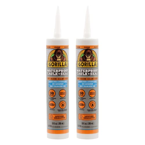 Gorilla Waterproof Caulk & Seal Silicone Sealant, 10Oz Cartridge (Pack of 2) - Clear Caulking Sealant for Kitchen, Window, Bath, Marine, Door and More