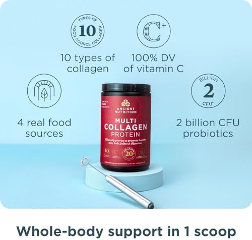 Ancient Nutrition Collagen Peptides Powder, Multi Collagen Protein, Women & Men, Vitamin C, Probiotics, Hydrolyzed Collagen, Supports Skin, Joints, Gut Health, Unflavored, 40 Servings