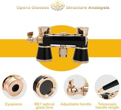 Opera Glasses,3X25 Theater Binoculars with Foldable and Extendable Handle,Mini Binocular Compact Lightweight,Portable Theater Glasses for Adults Kids Women in Musical Concert