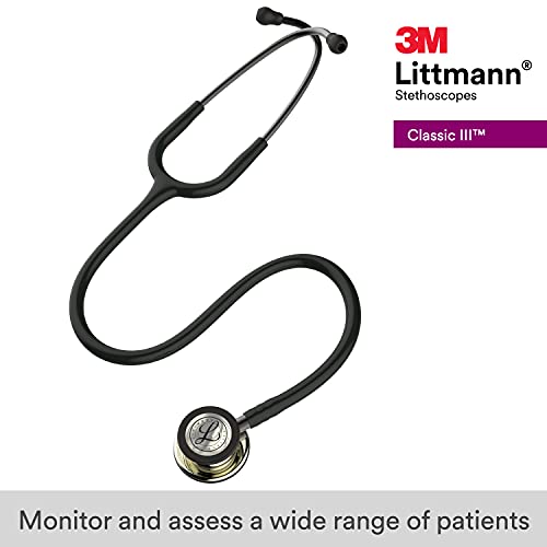 3M Littmann Classic III Monitoring Stethoscope, 5861, More Than 2X as Loud, Weighs Less, Stainless Steel Champagne-Finish Chestpiece, 27" Black Tube, Smoke Stem, and Headset
