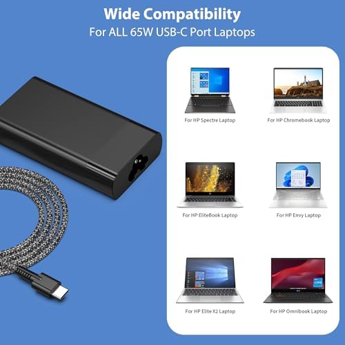 New Slim 65W USB C Laptop Charger Compatible with HP Spectre X360,Spectre,Elitebook x360,Elitebook,Envy,Omnibook,Chromebook,Elite x2,Zbook,ProBook Travel Type C AC Adapter Power Cord Supply