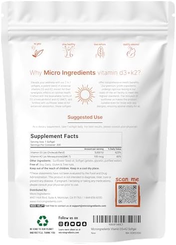 Micro Ingredients Vitamin D3 5,000 IU + K2 MK-7 100 mcg, 300 Softgels | 2-in-1 Bone, Immune & Heart Support | Easy to Swallow, Non-GMO