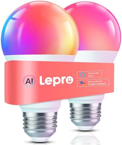 Lepro B1 AI Smart Light Bulbs - WiFi & Bluetooth RGBWW Color Changing LED Bulb Compatible with Alexa & Google Assistant, AI Generated Lighting LLM, AI Voice Control, Music Sync, 2.4GHz Only, 2 Pack