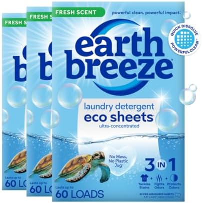 Earth Breeze Laundry Detergent Sheets Fresh Scent - 180 Loads Eco Liquidless Soap - Travel-Friendly for Hot & Cold Cycles, Tackles Tough Stains & Odors - Gentle on Skin, 90 Ct (3 Pack)