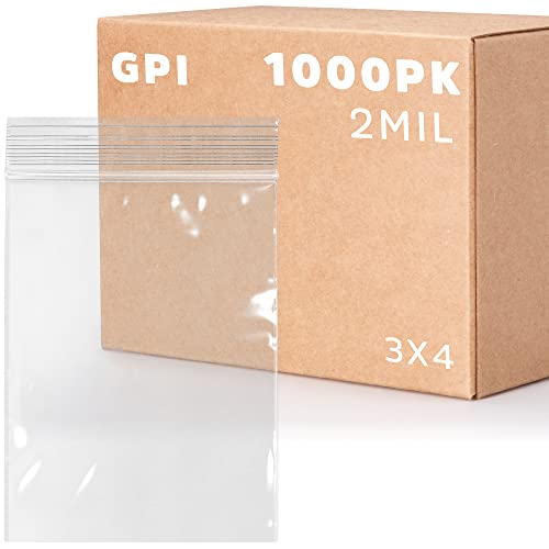 CLEAR PLASTIC REUSABLE ZIP BAGS - Bulk GPI Case Of 1000 3" x 4" 2 mil Thick Strong & Durable Poly Baggies With Resealable Zip Top Lock For Travel, Storage, Packaging & Shipping.