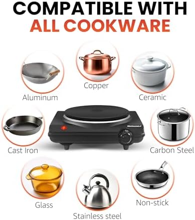 Elite Gourmet ESB-301BF# Countertop Single Cast Iron Burner, 1000 Watts Electric Hot Plate, Temperature Controls, Power Indicator Lights, Easy to Clean, Black