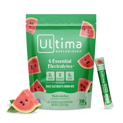 Ultima Replenisher Daily Electrolyte Powder Drink Mix – Sugar Free – Watermelon, 20 Stickpacks – Hydration Packets with 6 Electrolytes and Trace Minerals – Keto Friendly, Vegan, Non-GMO