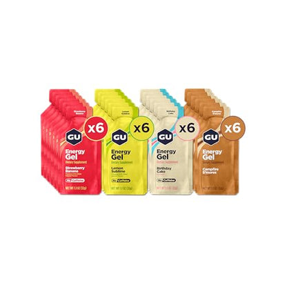 GU Energy Original Sports Nutrition Energy Gels, 24-Count, Vegan, Gluten-Free, Kosher, and Dairy-Free On-the-Go Energy for Any Workout, Assorted Caffeine-Free Flavors Variety Pack