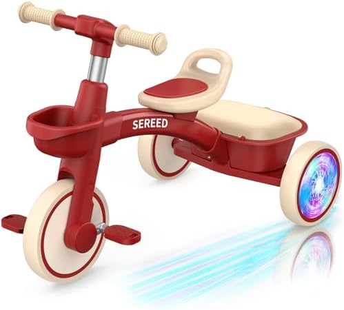 SEREED Colorful Lighting Toddler Tricycle for 2-5 Years Old Boys Girls, Adjustable Seat&Handlebar Trike, Removable Basket, Birthday Gift Idea for Kids Ages 2+ (Red)