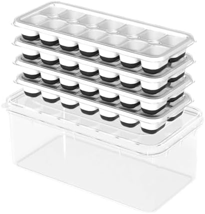 Ice Cube Trays with Lid and Bin, Ice trays for Freezer - Easy to Release Silicone Ice cube mold, Stackable Reusable Plastic Ice Molds for Cocktails, Whiskey, Drinks and Iced Coffee, BPA-Free