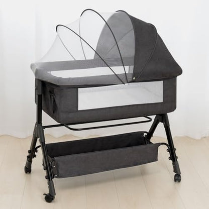 Baby Bassinet, Bedside Bassinet for Baby, 3 in 1 Bassinet Bedside Sleeper with Wheels, Mosquito Net, Adjustable Easy Folding Portable Bed for Infant Newborn (Dark Grey)