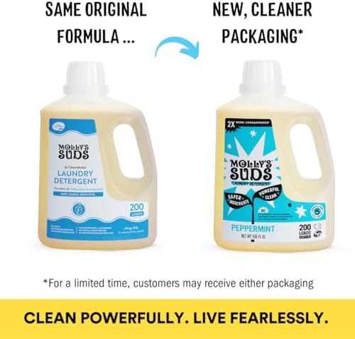 Molly's Suds Liquid Laundry Detergent | Clean Laundry Detergent Soap for Sensitive Skin | 2x Concentrated, High Efficiency (HE) (Peppermint - 200 Loads)