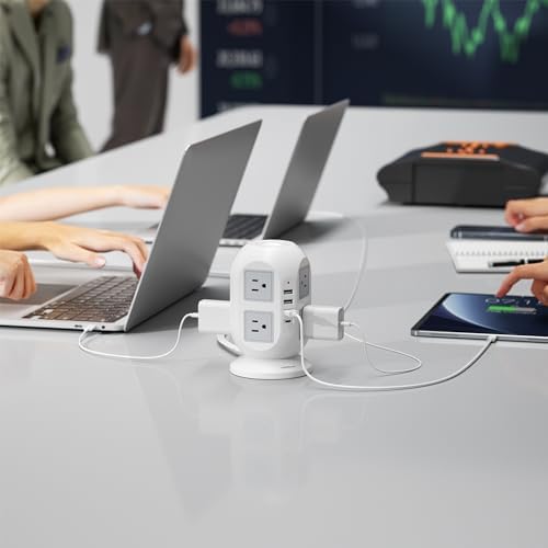 Tower Surge Protector Power Strip 10 ft, TESSAN Long Flat Extension Cord with Multiple Outlets, 8 AC Outlets with 4 USB Ports (1 USB C), Charging Station with Surge Protection, for Home Office Dorm
