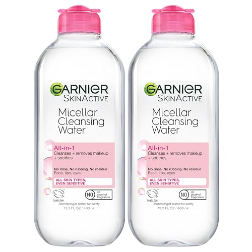 Garnier Micellar Water, Hydrating Facial Cleanser & Makeup Remover, Suitable for Sensitive Skin, Vegan, Cruelty Free, 13.5 Fl Oz (400mL), 2 Count