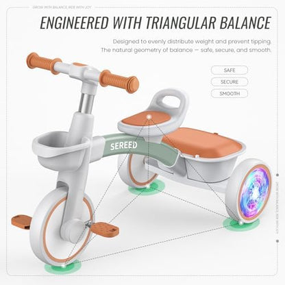 SEREED Colorful Lighting Toddler Tricycle for 2-5 Years Old Boys Girls, Adjustable Seat&Handlebar Trike, Removable Basket, Birthday Gift Idea for Kids Ages 2+ (Green)
