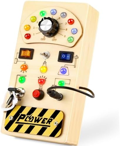 Joyreal Toddler Busy Board, Wooden Montessori Busy Board Sensory Board with LED Light Switch, Sensory Toys Baby Fidget Board Travel Toys for Toddler