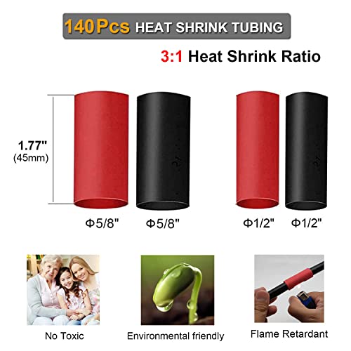 TKDMR 260Pcs Copper Wire Lugs AWG2 4 6 8 10 12 with Heat Shrink Set, 120Pcs Battery Cable Lugs Battery Cable Ends Ring Terminals Connectors with 140Pcs Heat Shrink Tubing Assortment Kit