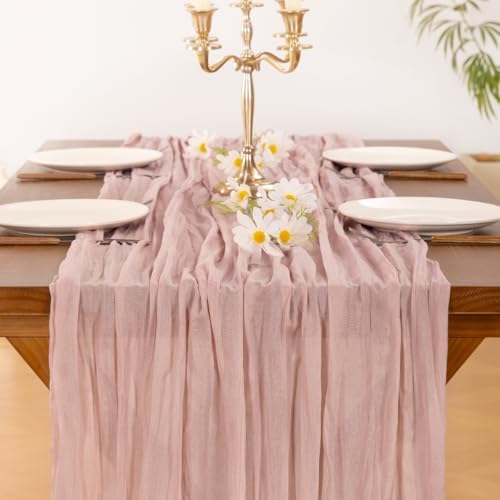 Socomi 3pcs Pink Cheesecloth Table Runner Summer Boho Rustic Gauze Dusty Pink Farmhouse 120 inch 10FT Cheese Cloth Runner for Wedding Party Baby Shower Birthday Home Decor Holiday Decorations