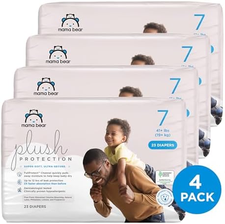 Amazon Brand - Mama Bear Plush Protection Diapers - Size 7, One Month Supply, Hypoallergenic Premium Disposable Baby Diapers, 92 Count (Pack of 4), White and Cloud Dreams