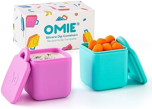 OmieBox (2 pack) Leakproof Dips Containers To Go, Salad Dressing Container, Condiment Container with Lids - Food Safe Silicone - 4 ounces (Pink/Teal)