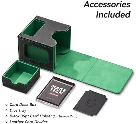 Card Deck Box for MTG Commander - Patented Design, Commander Display, Fits 100 Double-Sleeved Cards, 35pt Card Brick & Dice Tray - Black/Green