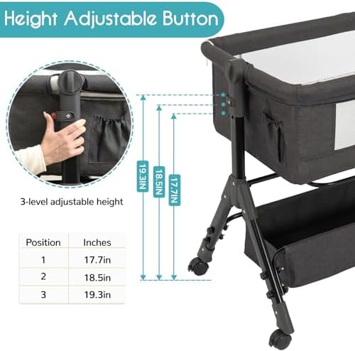 Baby Bassinet, Bedside Bassinet for Baby, 3 in 1 Bassinet Bedside Sleeper with Wheels, Mosquito Net, Adjustable Easy Folding Portable Bed for Infant Newborn (Dark Grey)