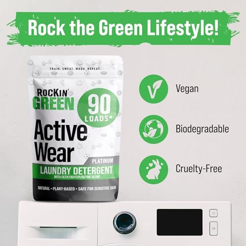 Rockin' Green Laundry Detergent, Plant based, All Natural Laundry Detergent Powder, Vegan and Biodegradable Odor Fighter, Safe for Sensitive Skin (Active Wear 90 Loads - Unscented)