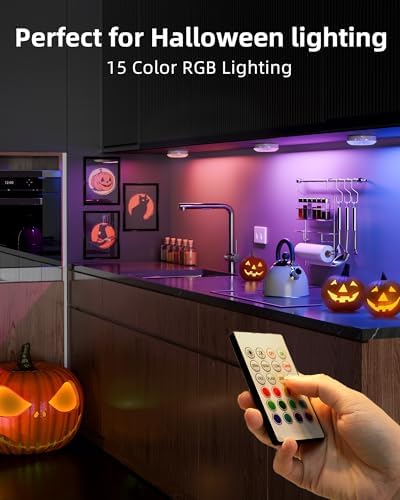 EZVALO 6-Pack Under Cabinet Lighting, Rechargeable Motion Sensor Puck Lights with Remote, 3 Color Temps &12 RG Colors, Magnetic Stick on Light, Dimmable Under Counter Lights for Kitchen, Shelf, Stair