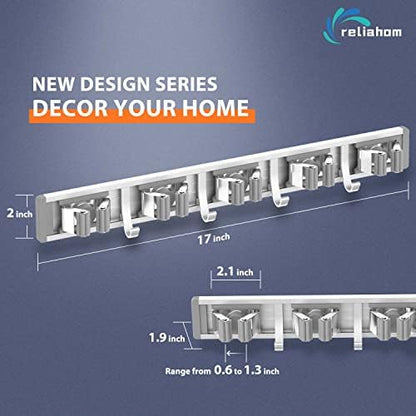 2 Pack Broom Holder Wall Mount Mop and Broom Hanger Wall Mounted Garage Storage Rack Kitchen Garden Tool Organizer (5 Racks with 4 Hooks, Silver)