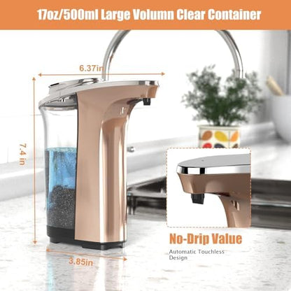 Automatic Soap Dispenser, PZOTRUF Touchless 17oz/500ml with Upgraded Infrared Sensor, 5 Adjustable Soap Dispensing Levels, Liquid Hand Soap Dispenser for Bathroom (Rose Gold)