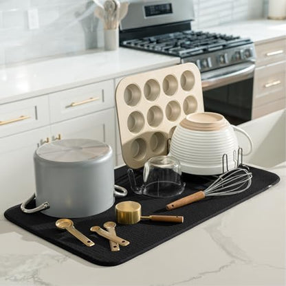 S&T INC. Dish Drying Mat Jumbo, 18” x 30”, Absorbent Microfiber Kitchen Counter Mat, Dish Drying Pad for Dishes, Utensils, Pots and Pans, Jumbo, Black