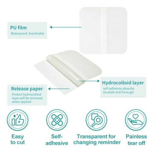Dimora Hydrocolloid Dressing 4" x 4" for Wound Care, 10 Pack Large Patch Bandages with Self-Adhesive for Bedsore, Burn, Blister, Acne Care, Super Absorbent for Fast Healing