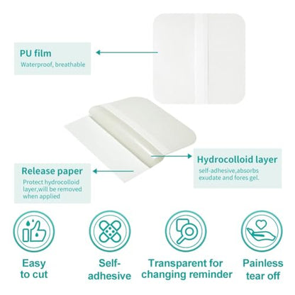 Dimora Hydrocolloid Dressing 4" x 4" for Wound Care, 10 Pack Large Patch Bandages with Self-Adhesive for Bedsore, Burn, Blister, Acne Care, Super Absorbent for Fast Healing