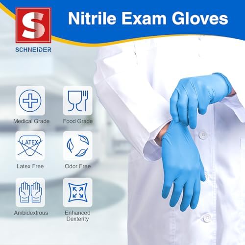 Schneider Nitrile Exam Gloves, Blue Disposable Gloves, Medical Grade, Food Grade, Latex Free, Powder Free